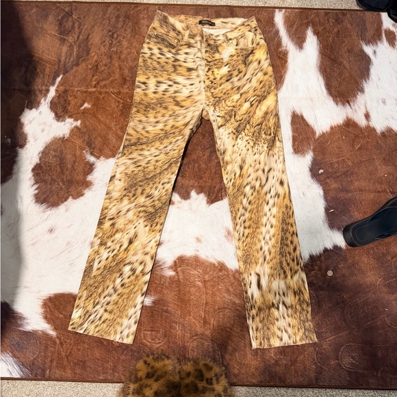 Roberto Cavalli Pants - Leopard Print Straight Leg Pants - Tan Brown